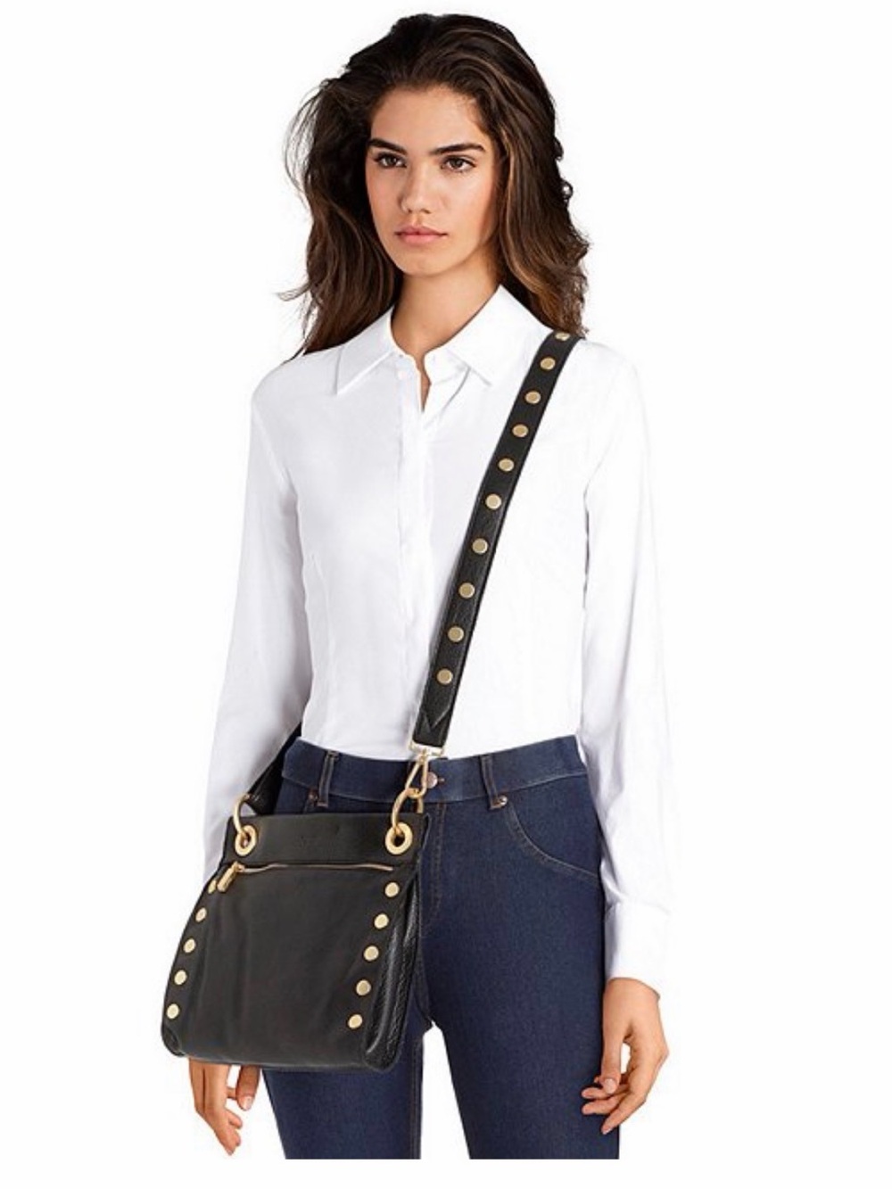 Hammitt Tony Black Leather Crossbody Bag with Gold Stud Accents